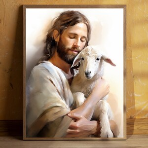 The Good Shepherd Jesus Christ Art Catholic Portrait Jesus Wall Art Christian Holding the Lost Lamb The Living Christ Bible Verse Art