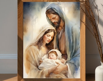 Holy Family Digital Print, St. Joseph and Baby Jesus Art, Blessed Virgin Mary Watercolor, modern Catholic Art, Catholic Digital Print