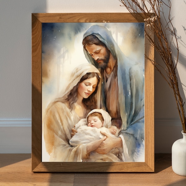 Holy Family Digital Print, St. Joseph and Baby Jesus Art, Blessed Virgin Mary Watercolor, modern Catholic Art, Catholic Digital Print