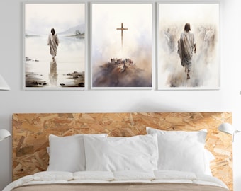 Set of 3 Jesus Art Prints, Jesus Walking on Water, Cross Crucifixion, Jesus print, Jesus Boho Art, Jesus wall art, Jesus Art, Jesus Portrait