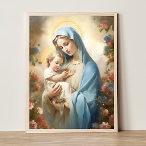 Virgin Mary and Jesus Wall Art, Catholic Prints, Farmhouse Wall Decor, Jesus Art, Christian Wall Art, Bible Verse Wall Art, Printable Art