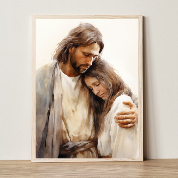 Safe in His Arms | Digital Download | Jesus Embracing Woman | Christian Art | Bible Painting Wall Art | Jesus Painting