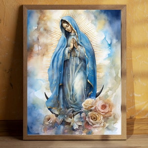 Our Lady of Guadalupe Watercolor Poster Catholic Digital Print modern Art Virgin Mary Mother Woman Prayer baptism Gift LDS