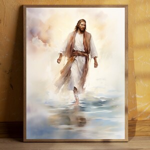 Jesus Christ Walking on Water, Christian Art, Digital Jesus Portrait, I Will Walk With Christ LDS, Jesus Oil Painting, Bible Verse Wall Art