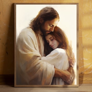 Safe in His Arms Peace Christ Jesus Embracing Woman  Christian Bible Verse Painting Wall Art Painting Catholic bible sketches Girl Prayer