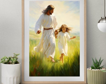 Happy Times, Digital Christian Art, Jesus and Little Girl Dancing, Jesus with Girl, Jesus Painting, LDS Art, Bible Prints, Christian Prints