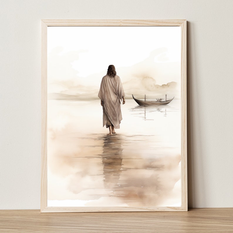 Jesus Walks on Water, Biblical Watercolor Print, Jesus Wall Art ...