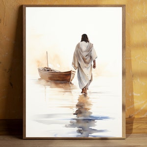 Jesus Walking on Water Digital Print Download Watercolour Wall Art Jesus Printable Wall Art Bible Christian Gift Boho Art Jesus Art