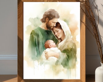 Holy Family Digital Print, St. Joseph and Baby Jesus Art, Blessed Virgin Mary Watercolor, modern Catholic Art, Catholic Digital Print