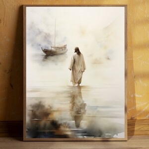 Jesus Walking on Water, Jesus Printable Wall Art, Watercolour Wall Art, Bible Christian Gift, Boho Art, Jesus Art, Catholic Gift