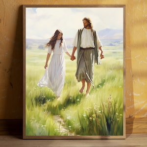 Walk With Me Jesus | Christian Wall Art | Jesus Walking with Woman | Jesus and Girl Art | Bible Art | Faith Art | Christian Painting