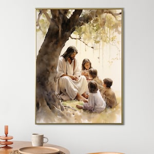 Jesus Portrait Teaching Child painting print wall art Christian Gift Baptism Children Christ artwork Holy Family watercolor home decor