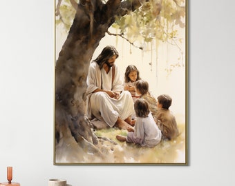 Jesus Portrait Teaching Child painting print wall art Christian Gift Baptism Children Christ artwork Holy Family watercolor home decor