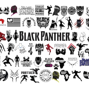 May include: A collection of black and white vector graphics featuring the Black Panther character and the phrase "Wakanda Forever". The graphics include various poses of the Black Panther, the Wakanda symbol, and other related imagery.
