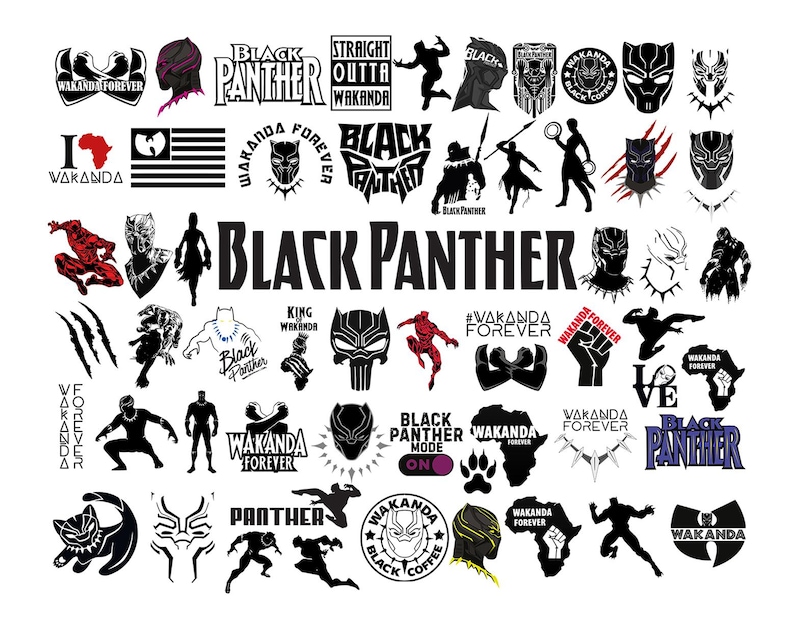 May include: A collection of black and white vector graphics featuring the Black Panther character and the phrase "Wakanda Forever". The graphics include various poses of the Black Panther, the Wakanda symbol, and other related imagery.