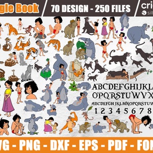 May include: A digital design set featuring characters and elements from Disney's "Jungle Book." Includes illustrations of Mowgli, Baloo, Bagheera, and other characters, along with an alphabet, numbers, and file formats: SVG, PNG, DXF, EPS, PDF, and font.