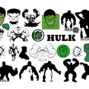 May include: A set of 16 black and green digital cut files featuring the Hulk and She-Hulk. The files include various poses of the Hulk, including a fist, a smashing pose, and a standing pose. The files also include a She-Hulk pose and the text "Hulk" and "She-Hulk".