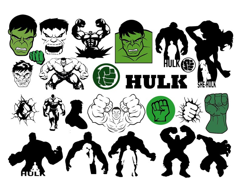 May include: A set of 16 black and green digital cut files featuring the Hulk and She-Hulk. The files include various poses of the Hulk, including a fist, a smashing pose, and a standing pose. The files also include a She-Hulk pose and the text "Hulk" and "She-Hulk".