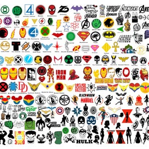 May include: A colorful collection of superhero logos and characters, including Iron Man, Captain America, Hulk, Thor, Black Widow, and more. The logos are in various colors, including red, blue, yellow, green, and black.