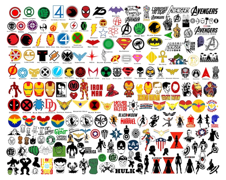 May include: A colorful collection of superhero logos and characters, including Iron Man, Captain America, Hulk, Thor, Black Widow, and more. The logos are in various colors, including red, blue, yellow, green, and black.
