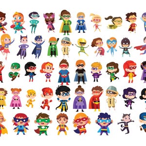 May include: A colorful illustration of 40 superhero characters, each with a unique costume and pose. The characters are all children, and they are wearing a variety of superhero costumes, including capes, masks, and tights. The characters are all smiling and looking happy.