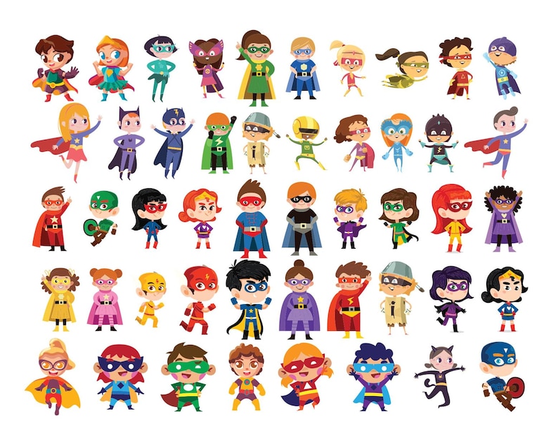 May include: A colorful illustration of 40 superhero characters, each with a unique costume and pose. The characters are all children, and they are wearing a variety of superhero costumes, including capes, masks, and tights. The characters are all smiling and looking happy.