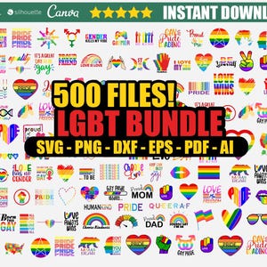 Op de afbeelding: Een verzameling van 500 LGBTQ+-thema digitale ontwerpbestanden. De ontwerpen bevatten regenboogkleuren, harten en tekst zoals "Love Wins", "Proud" en "Gay Pride". De bestanden zijn beschikbaar in de formaten SVG, PNG, DXF, EPS, PDF en AI.