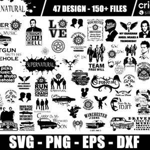 Könnte beinhalten: Schwarz-weiße digitale Design-Dateien für eine Vielzahl von Supernatural-basierten Bastelarbeiten. Die Designs beinhalten das Logo der Show, Charaktere und Zitate. Der Text "47 Design - 150+ Files" befindet sich oben im Bild. Der Text "SVG - PNG - EPS - DXF" befindet sich unten im Bild.