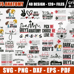 May include: A collection of digital designs featuring quotes and illustrations related to the TV show "Grey's Anatomy." Includes phrases like "You're my person," "Dance it out," and "Dark & Twisty." Formats include SVG, PNG, DXF, EPS, and PDF.