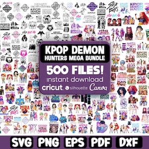 Puede incluir: Un paquete de descarga digital con gráficos de KPOP Demon Hunters. La imagen incluye varias ilustraciones y logotipos, con el texto "KPOP DEMON HUNTERS MEGA BUNDLE 500 FILES! instant download" y opciones de tipo de archivo: SVG, PNG, EPS, PDF y DXF.