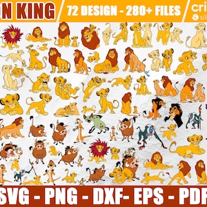May include: A collection of 72 colorful digital designs featuring characters from the Lion King movie. The designs include Simba, Nala, Mufasa, Scar, Pumbaa, Timon, and more. The designs are available in SVG, PNG, DXF, EPS, and PDF formats.