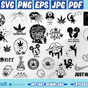 May include: A collection of black and white cannabis-themed graphics, including marijuana leaves, lips, and text such as "Stoner Chick" and "Just Hit It." The image also includes the text "SVG PNG EPS JPG PDF" and "Instant Download Layered."