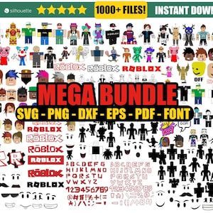 May include: A digital download of 1000+ SVG, PNG, DXF, EPS, PDF, and font files featuring Roblox characters, logos, and other designs. The image shows a variety of colorful characters, including a pig, a bear, and a penguin. The text "MEGA BUNDLE" is displayed in large red letters.