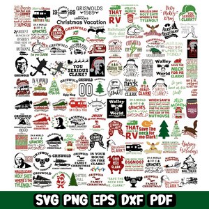 May include: A collection of Christmas-themed SVG, PNG, EPS, DXF, and PDF files featuring quotes and graphics from the movie "Christmas Vacation." The designs include phrases like "You Serious Clark?" and "Shitters Full."