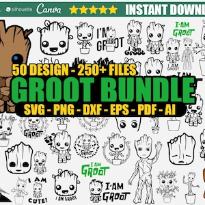 Könnte beinhalten: Ein digitales Download-Paket mit 50 Designs, die den Charakter Groot aus der Guardians of the Galaxy-Franchise zeigen. Die Designs umfassen verschiedene Posen und Ausdrücke von Groot, darunter der ikonische Spruch "Ich bin Groot". Das Paket enthält die Dateiformate SVG, PNG, DXF, EPS, PDF und AI.