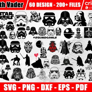 May include: A collection of 60 black and white vector illustrations of Darth Vader, Stormtroopers, and other Star Wars characters. The designs are perfect for crafting projects, including cutting, printing, and embroidery. The text "Darth Vader 60 DESIGN - 200+ FILES/cricut. silhouette" is at the top of the image. The text "SVG - PNG - DXF - EPS - PDF" is at the bottom of the image.