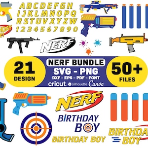 May include: A collection of colorful Nerf gun designs, including blasters, darts, and a target. The image also features the text "Nerf Bundle" and "Birthday Boy" in various styles, along with the alphabet and numbers.