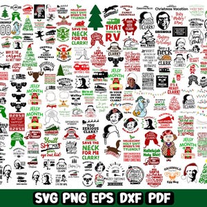 May include: A collection of Christmas-themed SVG, PNG, EPS, DXF, and PDF files featuring quotes and illustrations from the movie "National Lampoon's Christmas Vacation." Designs include quotes like "Save the Neck for Me, Clark!" and character portraits.