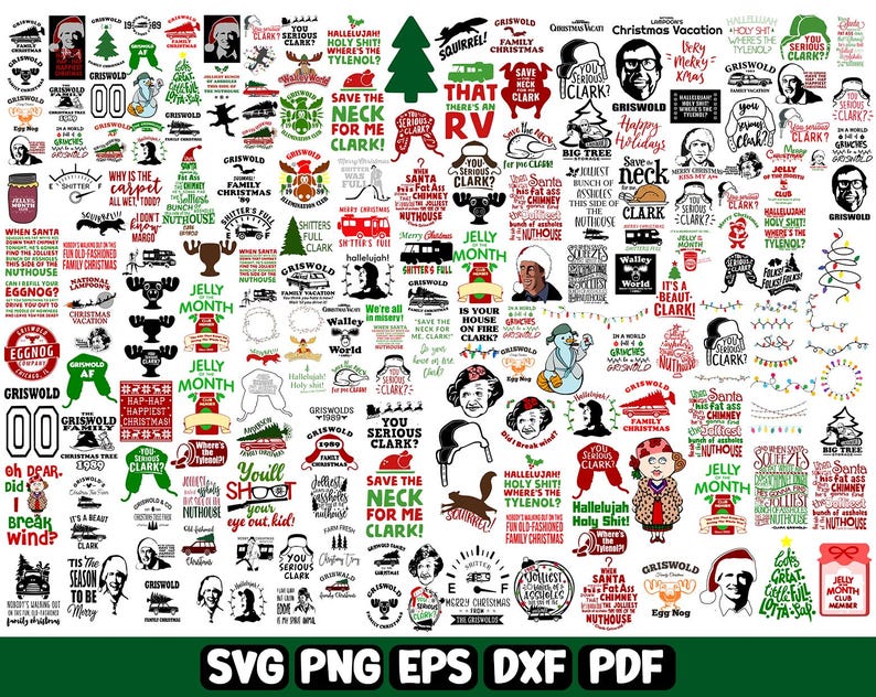 May include: A collection of Christmas-themed SVG, PNG, EPS, DXF, and PDF files featuring quotes and illustrations from the movie "National Lampoon's Christmas Vacation." Designs include quotes like "Save the Neck for Me, Clark!" and character portraits.