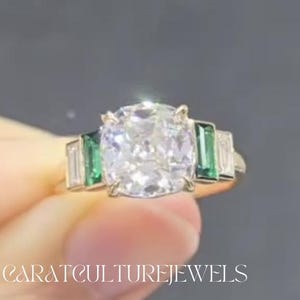 Old Mine Cushion Moissanite Engagement Ring, Green Emerald & Baguette Side Stone 5 Stone Wedding Ring, 14K Gold Art Deco Anniversary Gift