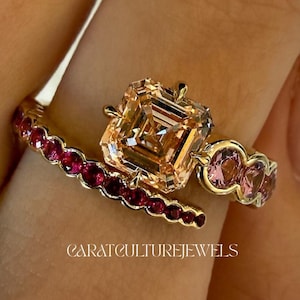 Pierścionek z 2-karatowym moissanitem w szlifie szampańskim Asscher, pierścionek z 14-karatowego żółtego złota z różowym szafirem laboratoryjnym i rubinem, wyjątkowy pierścionek zaręczynowy z gradientowym ombre
