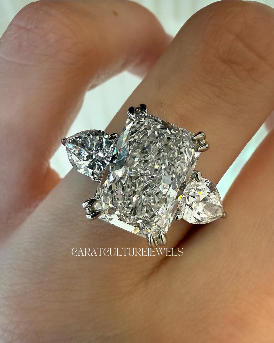 Radiant Cut Moissanite Three Stone Engagement Ring, Pear Side Stones ...
