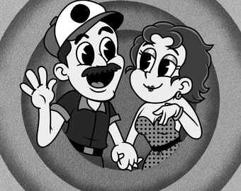 Portrait in retro cartoon style, black and white personalize portrait, custom portrait in 30's cartoon style for couple or family with pets