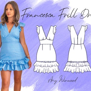 May include: A blue frill dress with a V-neckline and short sleeves. The dress has a ruffled hem and is shown on a model. The image also includes a line drawing of the dress with the text "Francesca Frill Dress" and "Amy Winwood".