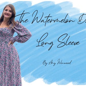 Könnte beinhalten: Langärmliges Kleid mit floralem Muster in Rosa, Grün und Schwarz. Das Kleid hat einen quadratischen Ausschnitt und ist mit "The Watermelon Dress" mit "Long Sleeve" und "By Amy Winwood" in Schreibschrift vor blauem Hintergrund beschriftet.