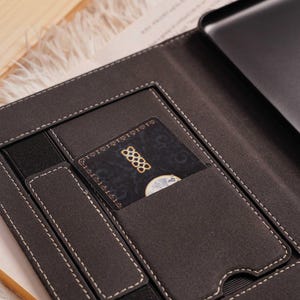 May include: Dark gray laptop sleeve with white stitching and multiple pockets. A credit card with the number 88888 is visible in one of the pockets. The sleeve is open, revealing a laptop inside.
