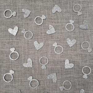 Silver Glitter Rings and Hearts Table Confetti: 50 Double Sided Decorations - Wedding / Engagement / Anniversary / Hen Party