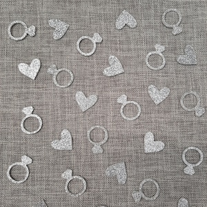 50x Silver Glitter double sided Rings & Hearts Table Confetti Decorations Wedding, Engagement, Hen Party, Anniversary, Proposal