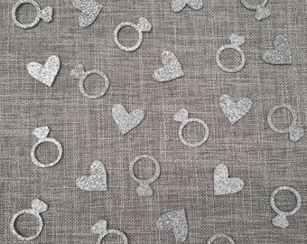 Silver Glitter Rings and Hearts Table Confetti: 50 Double Sided Decorations - Wedding / Engagement / Anniversary / Hen Party