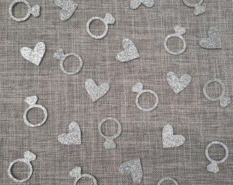 50x Silver Glitter double sided Rings & Hearts Table Confetti Decorations Wedding, Engagement, Hen Party, Anniversary, Proposal